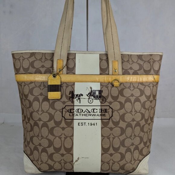 Vintage Coach Heritage Stripe Tattersall Signature Brown/Beige Handbag - Picture 1 of 16